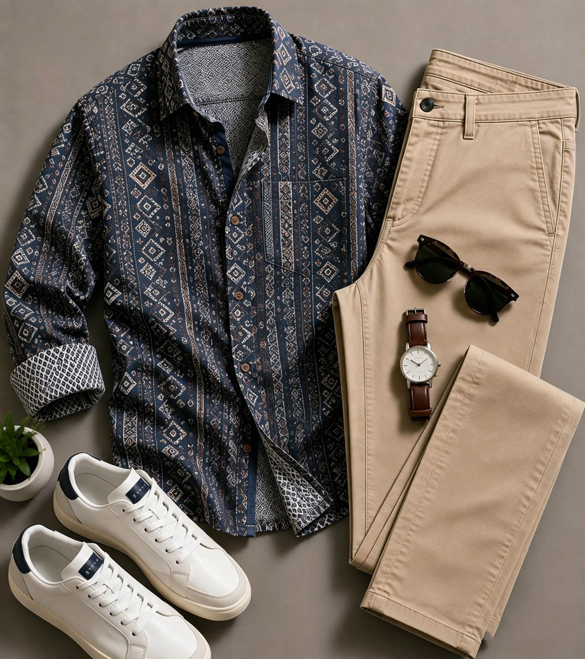 Men's Casual Navy Ethnic Geometric Printed Long Sleeved Shirt & Trousers Two-Piece Set