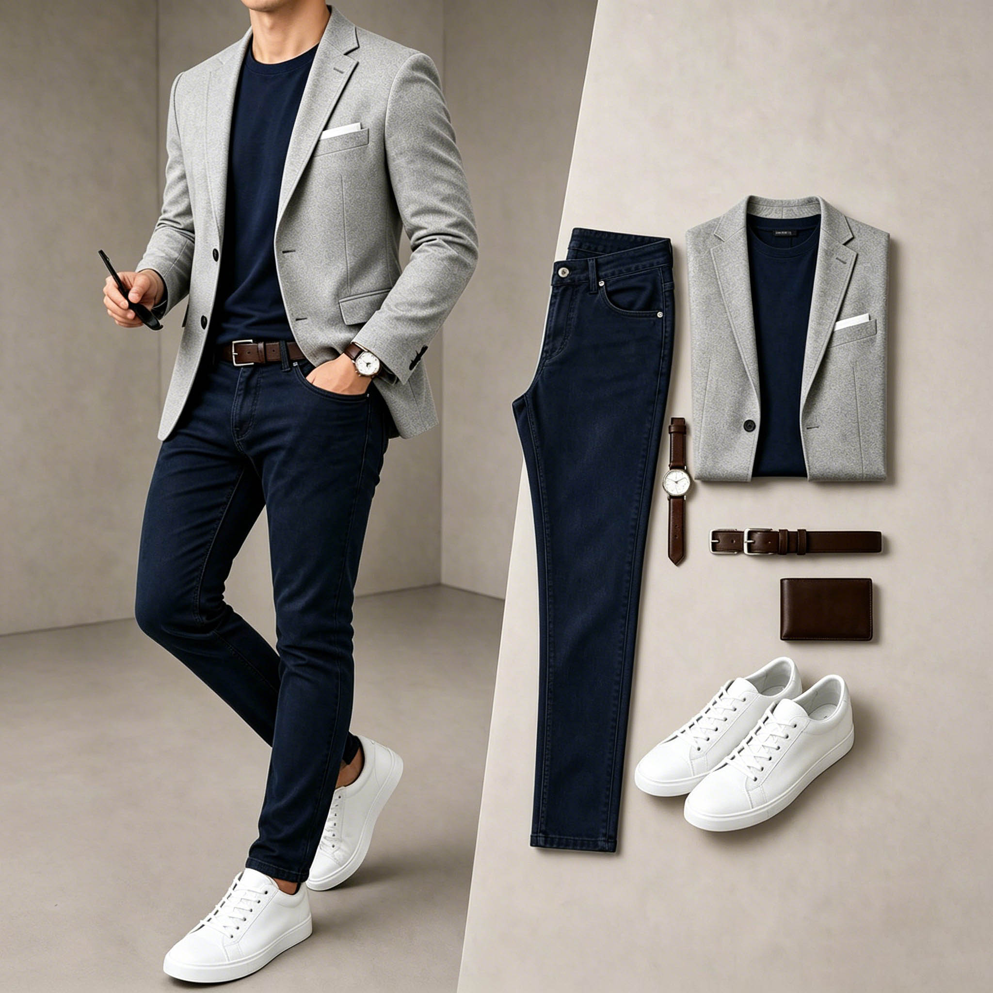 Men's Business Casual Light Gray & Dark Navy Color Matching Retro Style Short Sleeves T-Shirt & Pants & Blazer 3pcs Set