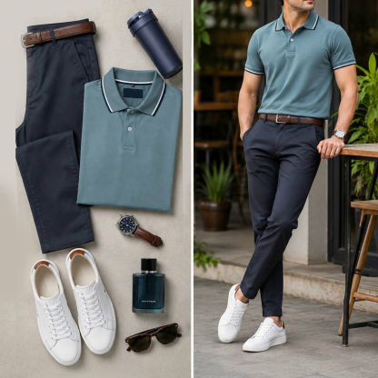 Men's Casual Teal Thin Striped Collar Short Sleeved Polo Shirt & Dark Navy Chino Pants Two-Piece Set