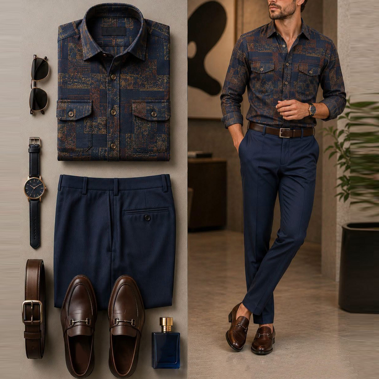 Men's Casual Vintage Patchwork Printed Long Sleeve Shirt & Navy Chino Pants Two-Piece Set