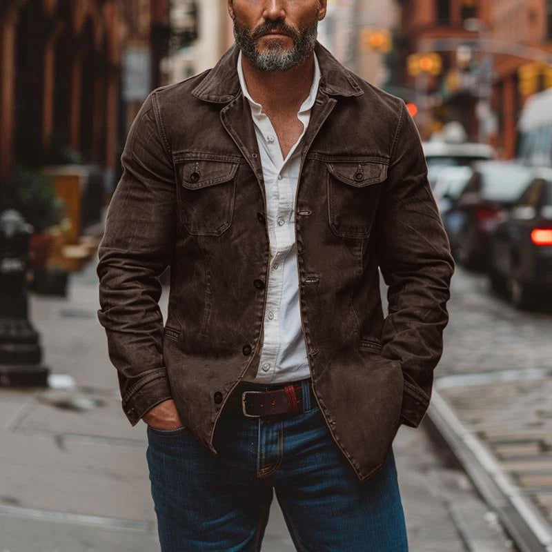 Men's Vintage Heavy Washed Leather Lapel Single Breasted Multi-Pocket Work Jacket