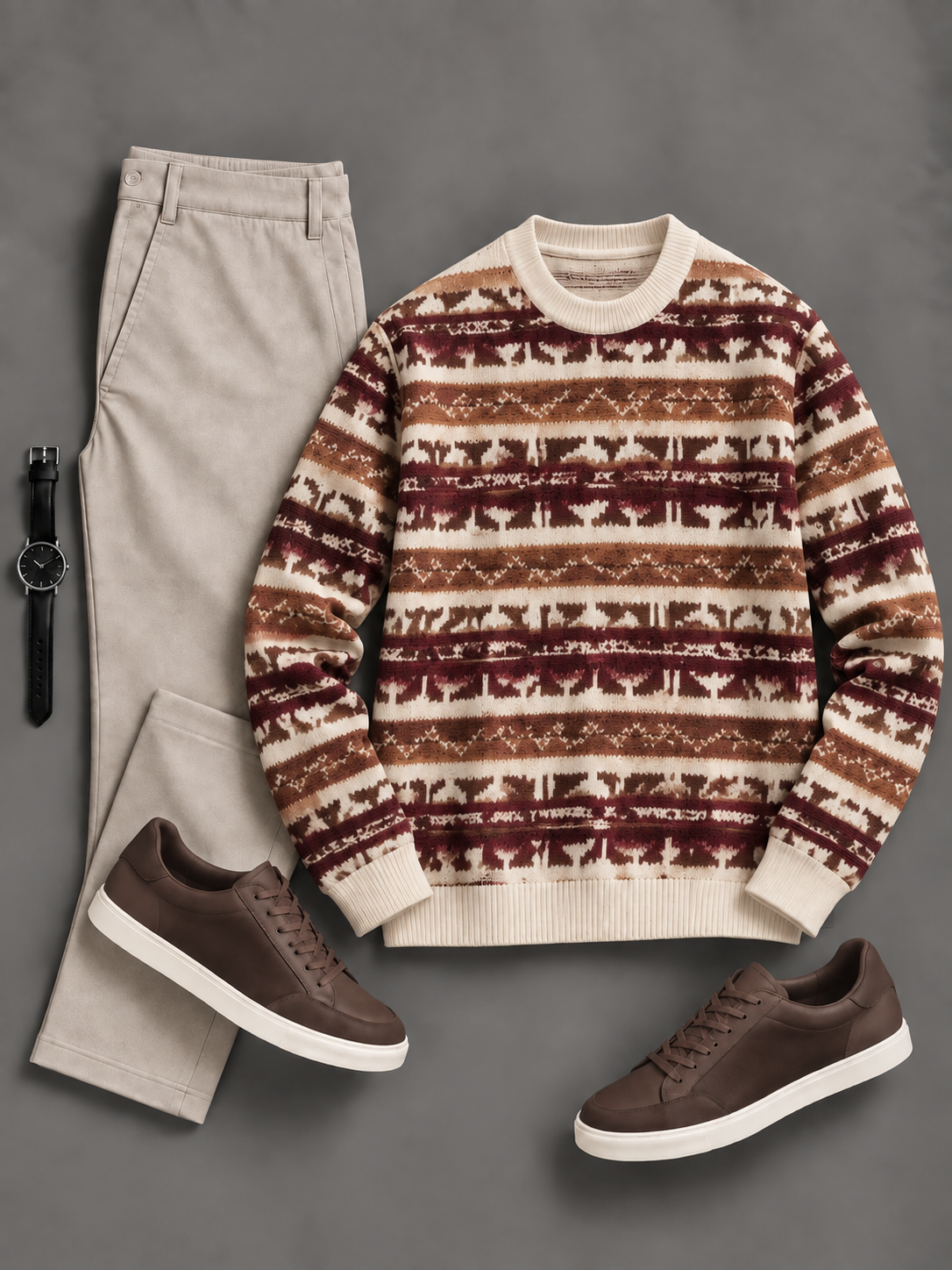 Men's Casual Stripe Fair Isle Crew Neck Knit Sweater & Straight Chino Pants 2‑Piece Matching Outfit Set, Multiple Colors Available
