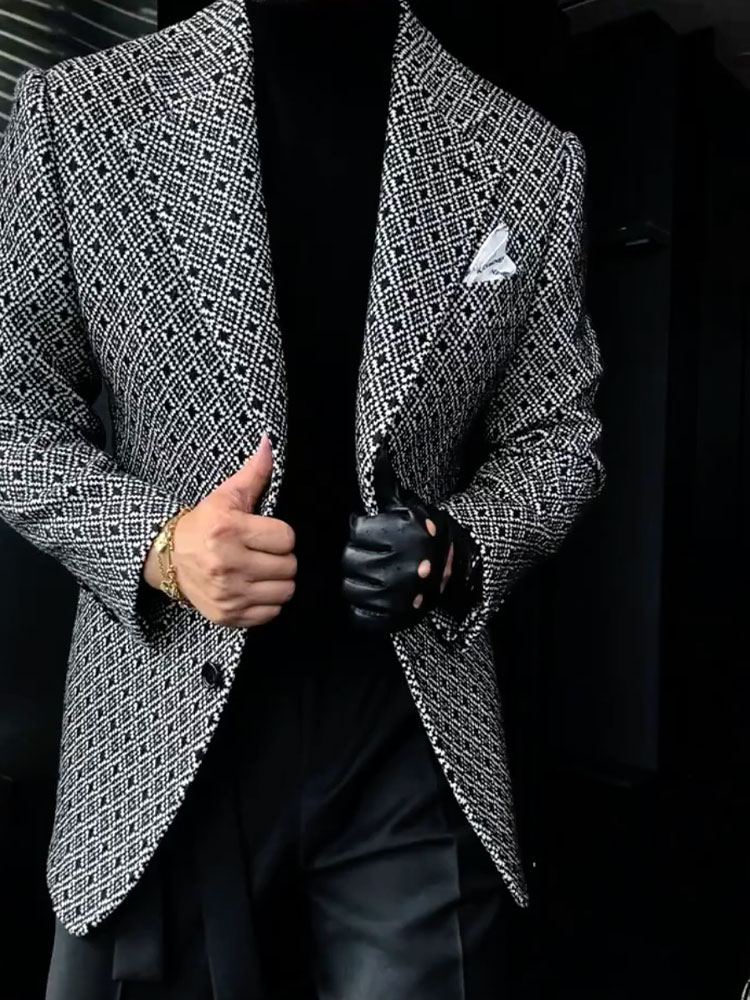 Men's Black White Geometric Long Sleeves Blazer