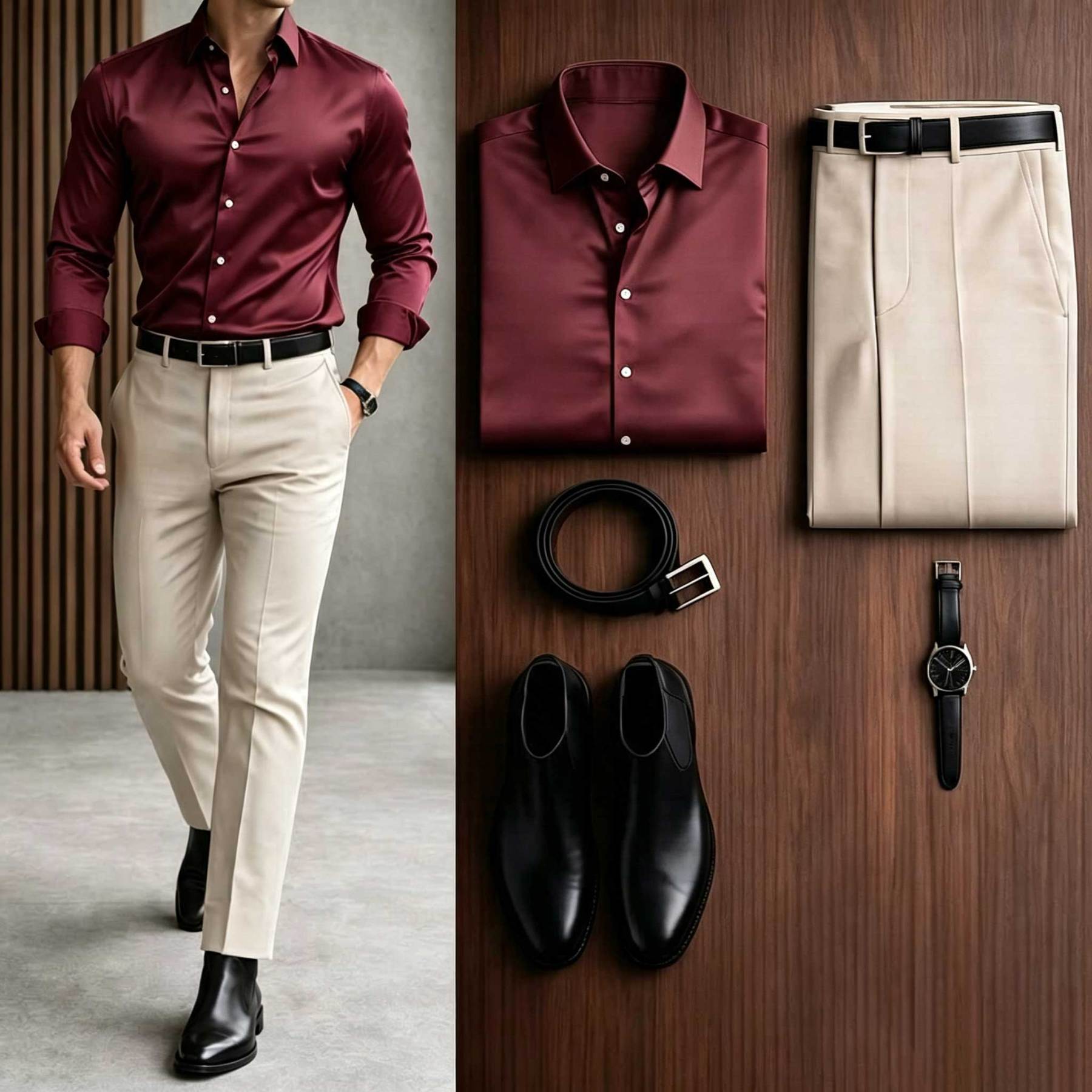 Men's Casual Black Long Sleeve Shirt & Khaki Chino Pants Two-Piece Set