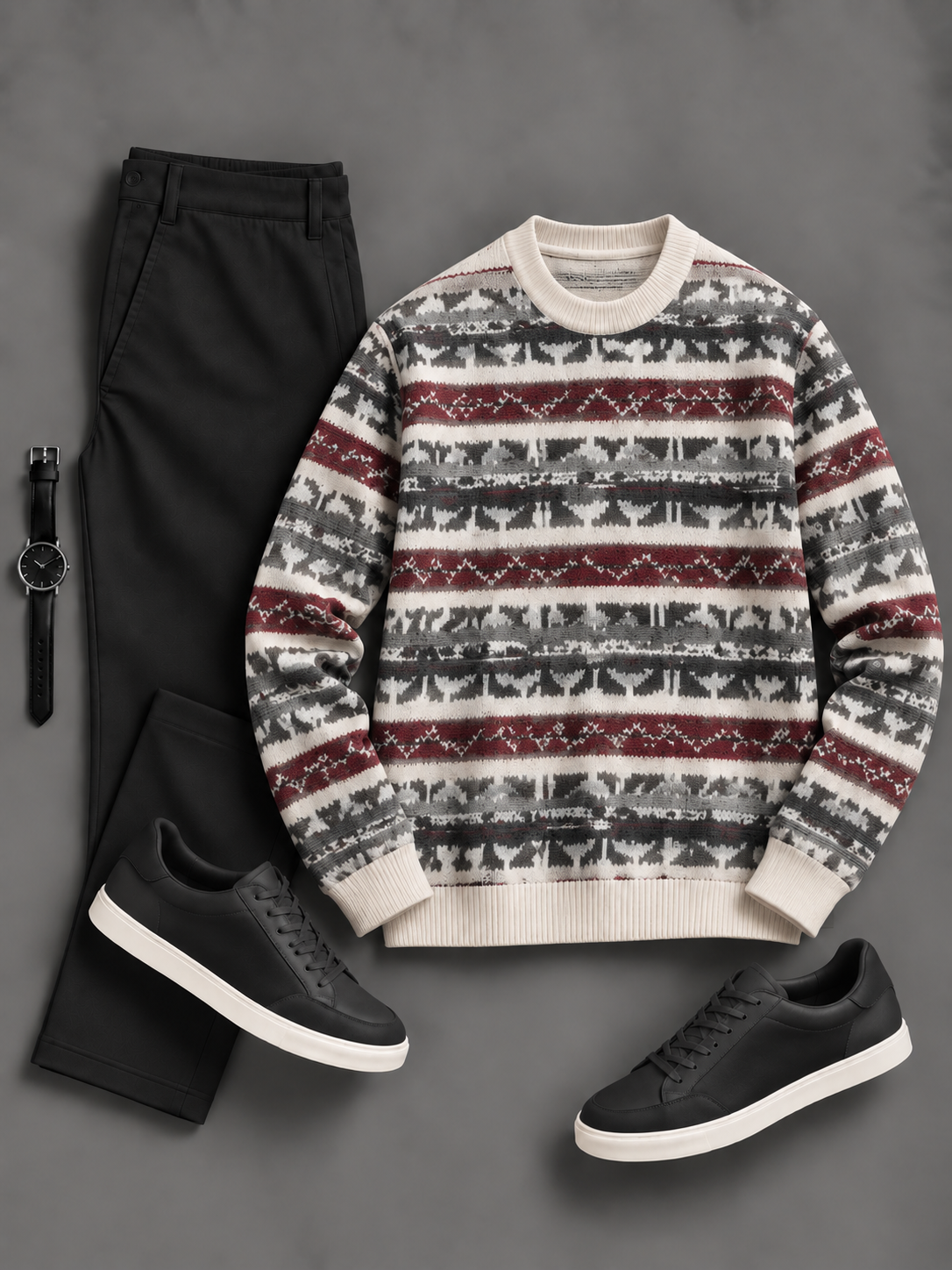Men's Casual Stripe Fair Isle Crew Neck Knit Sweater & Straight Chino Pants 2‑Piece Matching Outfit Set, Multiple Colors Available