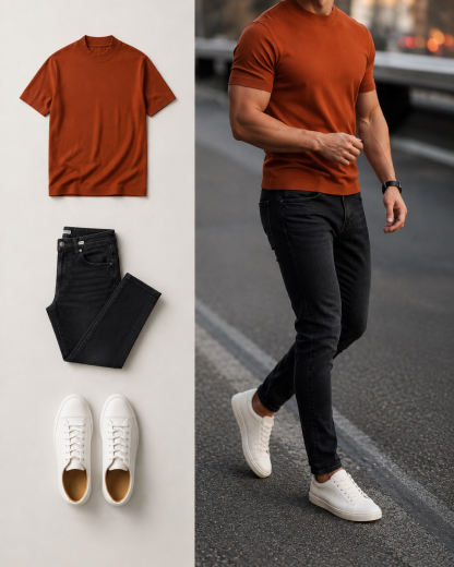 Men's Casual Color Matching Orange Short Sleeves T-Shirt & Black Trousers Two Piece Set