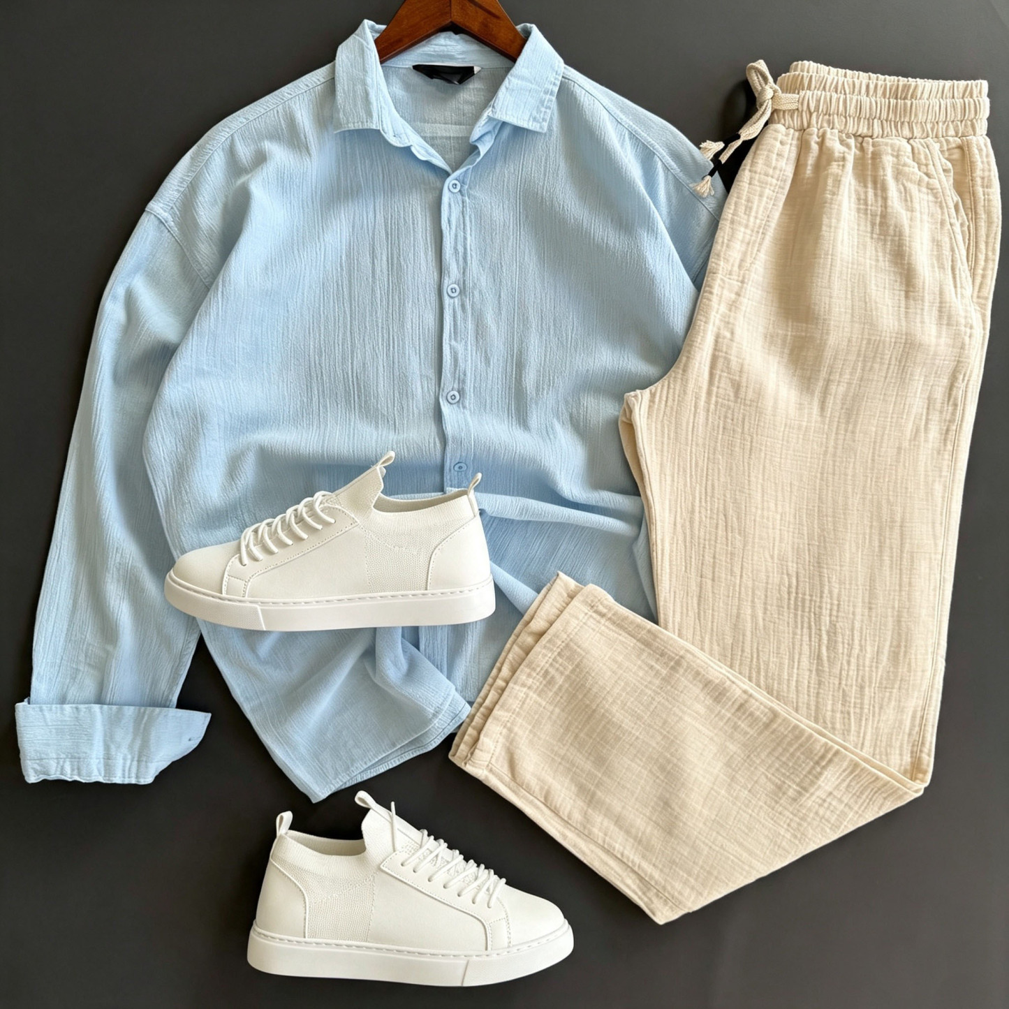 Men's Casual Color Matching Oatmeal Long Sleeves Polo Shirt & Denim Blue Jeans Pants Two Piece Set
