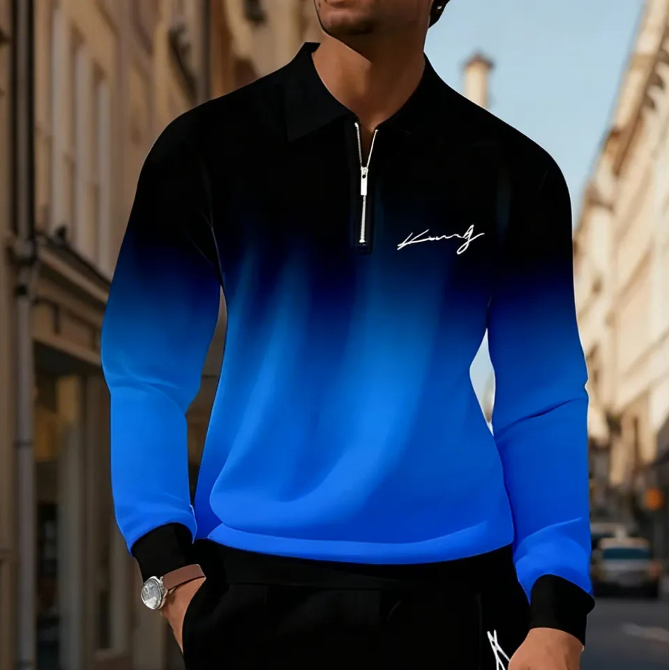 Men's Casual Color-Blocked Long-Sleeve Polo Shirt and Trousers Set