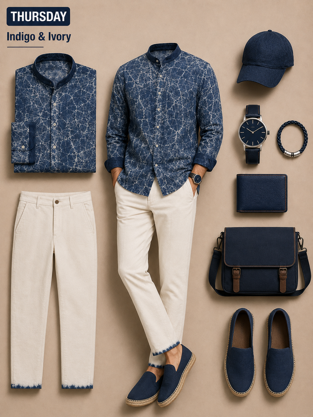 Men's Mandarin Collar Tie‑Dye Printed Shirt Jacket And Solid Color Casual Trousers Two‑Piece Set
