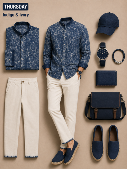 Men's Mandarin Collar Tie‑Dye Printed Shirt Jacket And Solid Color Casual Trousers Two‑Piece Set