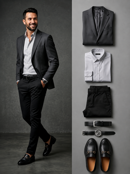 Men's Black Single‑Breasted Blazer, Dress Shirt & Black Chino Pants 3‑Piece Matching Outfit Set