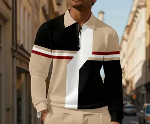 Men's Casual Colorblock Long-Sleeve Zip-Up Polo Shirt and Pant Set
