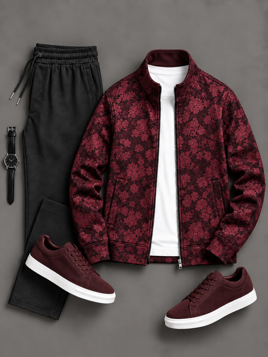 Men's Vintage Floral Printed Zip Up Stand Collar Jacket & Drawstring Pants Two Piece Set