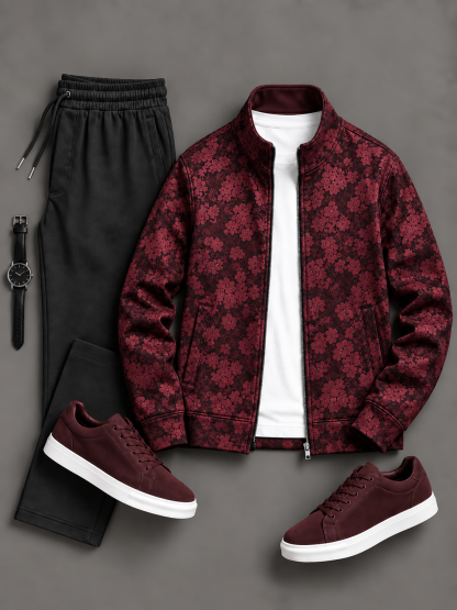 Men's Vintage Floral Printed Zip Up Stand Collar Jacket & Drawstring Pants Two Piece Set