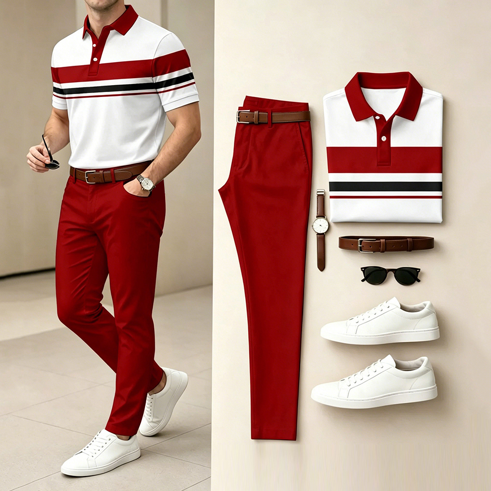 Men's Casual Red Geometry Printed Polo Shirt And Pants Two-Piece Set