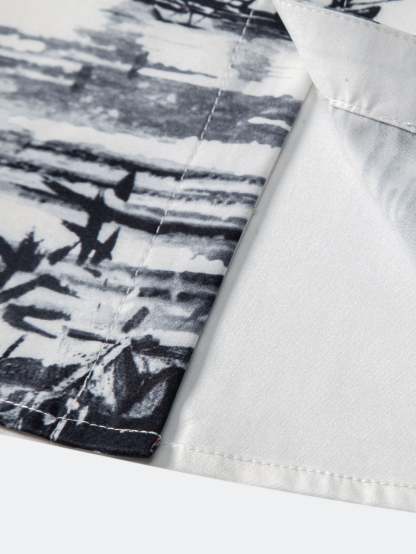 Ink Painting Stand Collar Shirt & Man Mid Length Drawstring Swim Shorts
