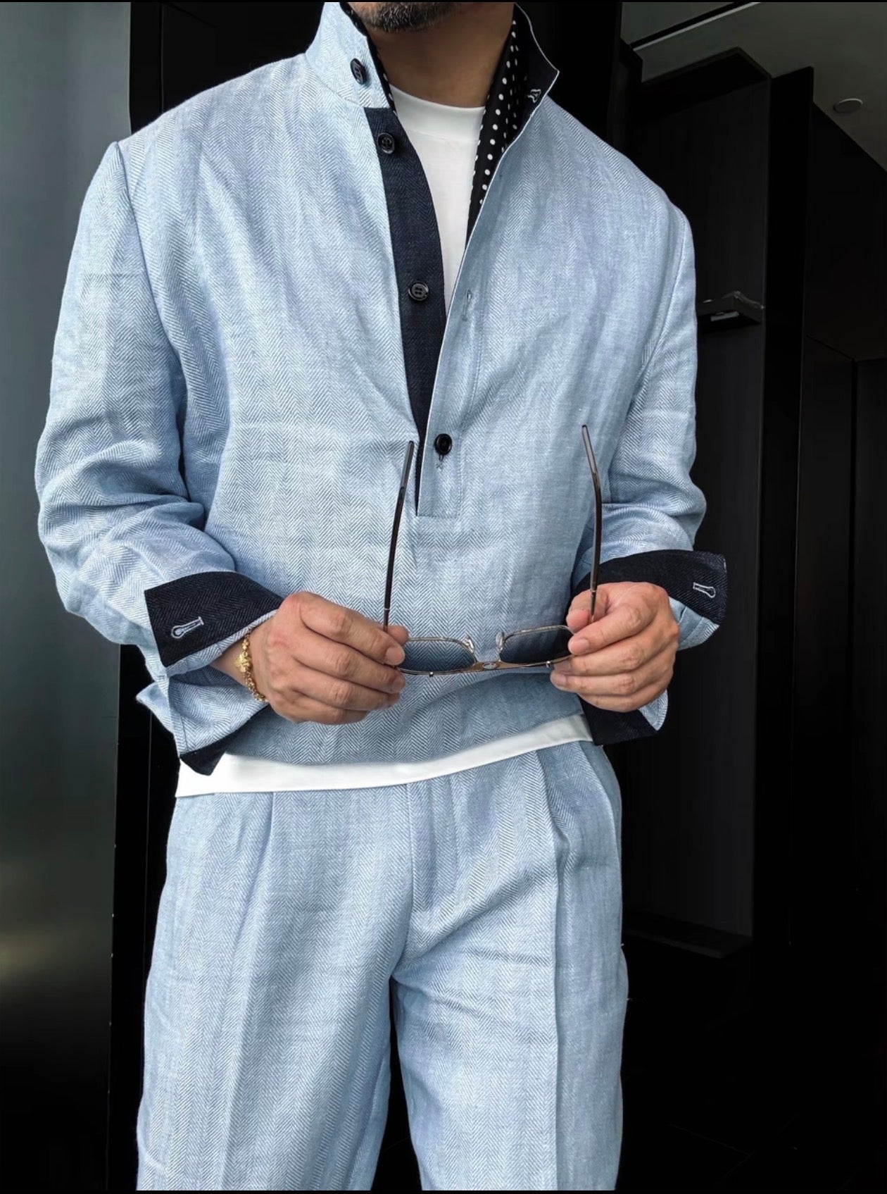 Premium Linen Mandarin Collar Suit-Sky Blue