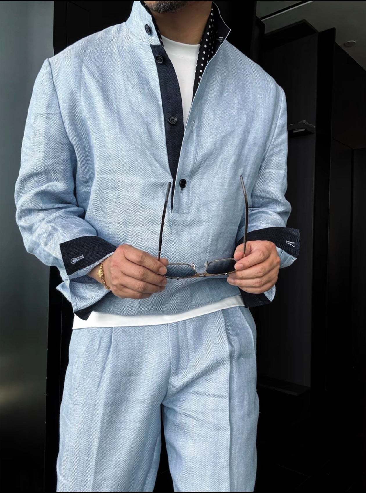 Premium Linen Mandarin Collar Suit-Sky Blue