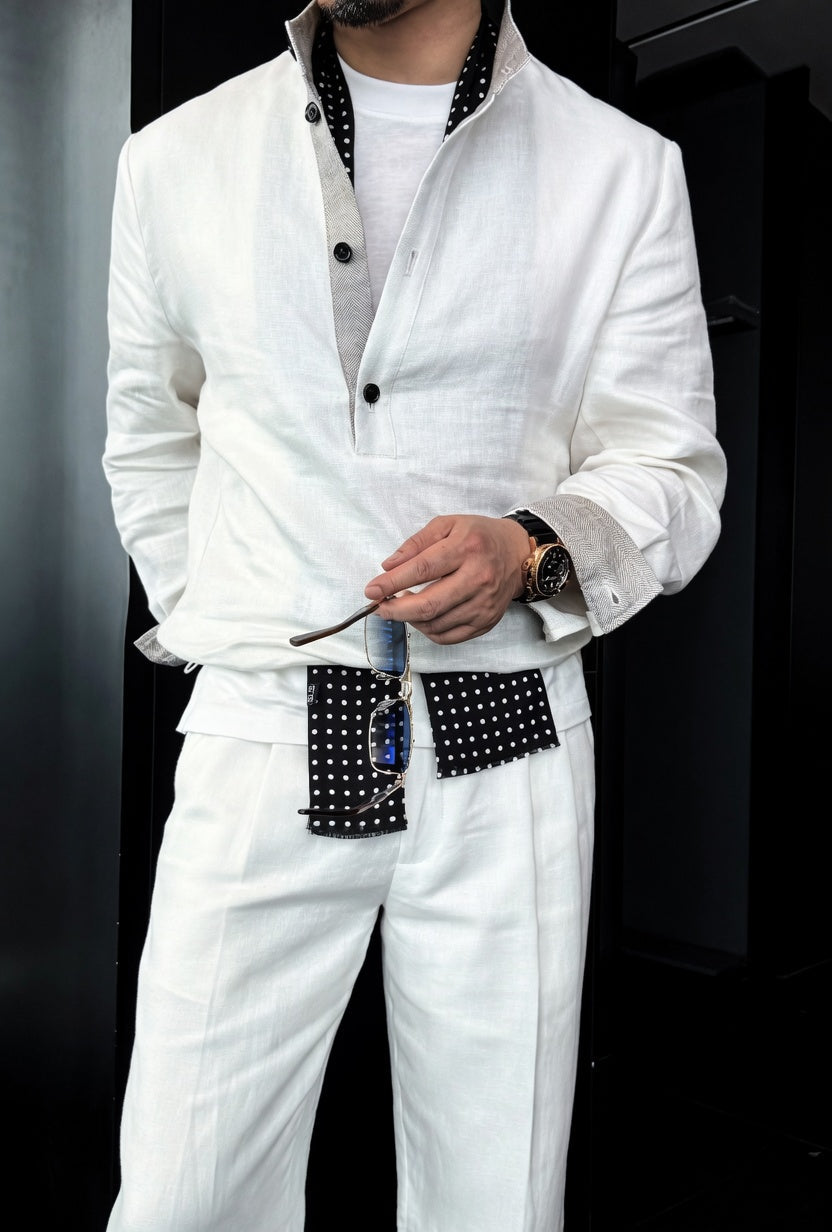 Premium Linen Mandarin Collar Suit-Sky Blue