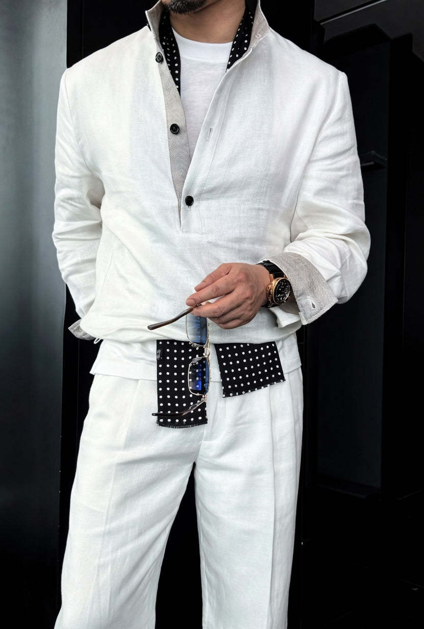 Premium Linen Mandarin Collar Suit-Sky Blue