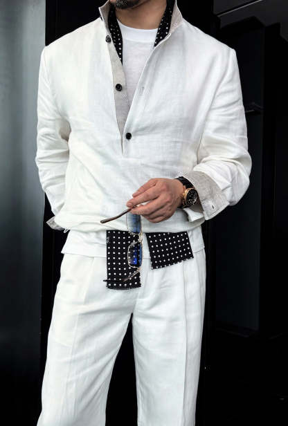 Premium Linen Mandarin Collar Suit-Sky Blue