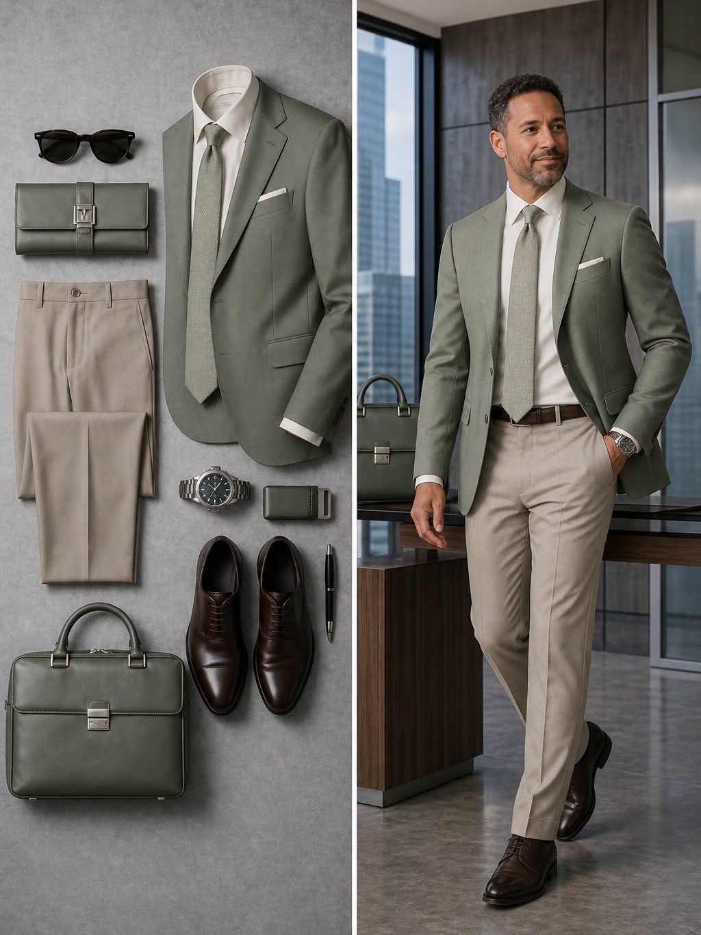 Men's Sage‑Green Blazer And Light Khaki Dress Pants 2‑Piece Matching Outfit Set