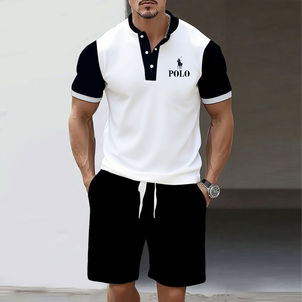 Men's Fashion Polo Round-Neck Geometric Printed Short-Sleeved Two-Piece Set