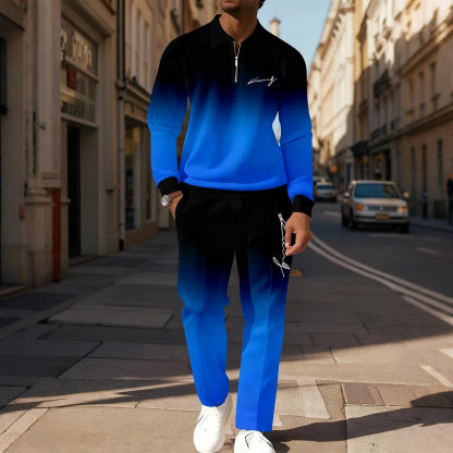 Men's Casual Color-Blocked Long-Sleeve Polo Shirt and Trousers Set