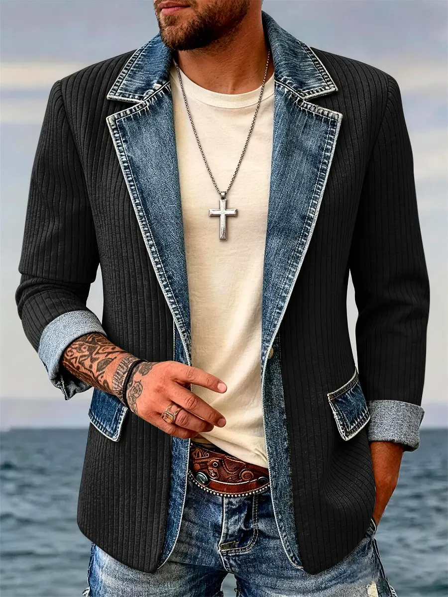 Men's Casual Corduroy Denim Patchwork Blazer Jacket