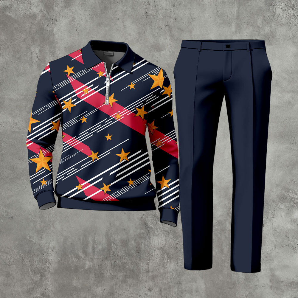 Men's Casual Navy Blue Color Matching Star Printed Zipper Long Sleeved