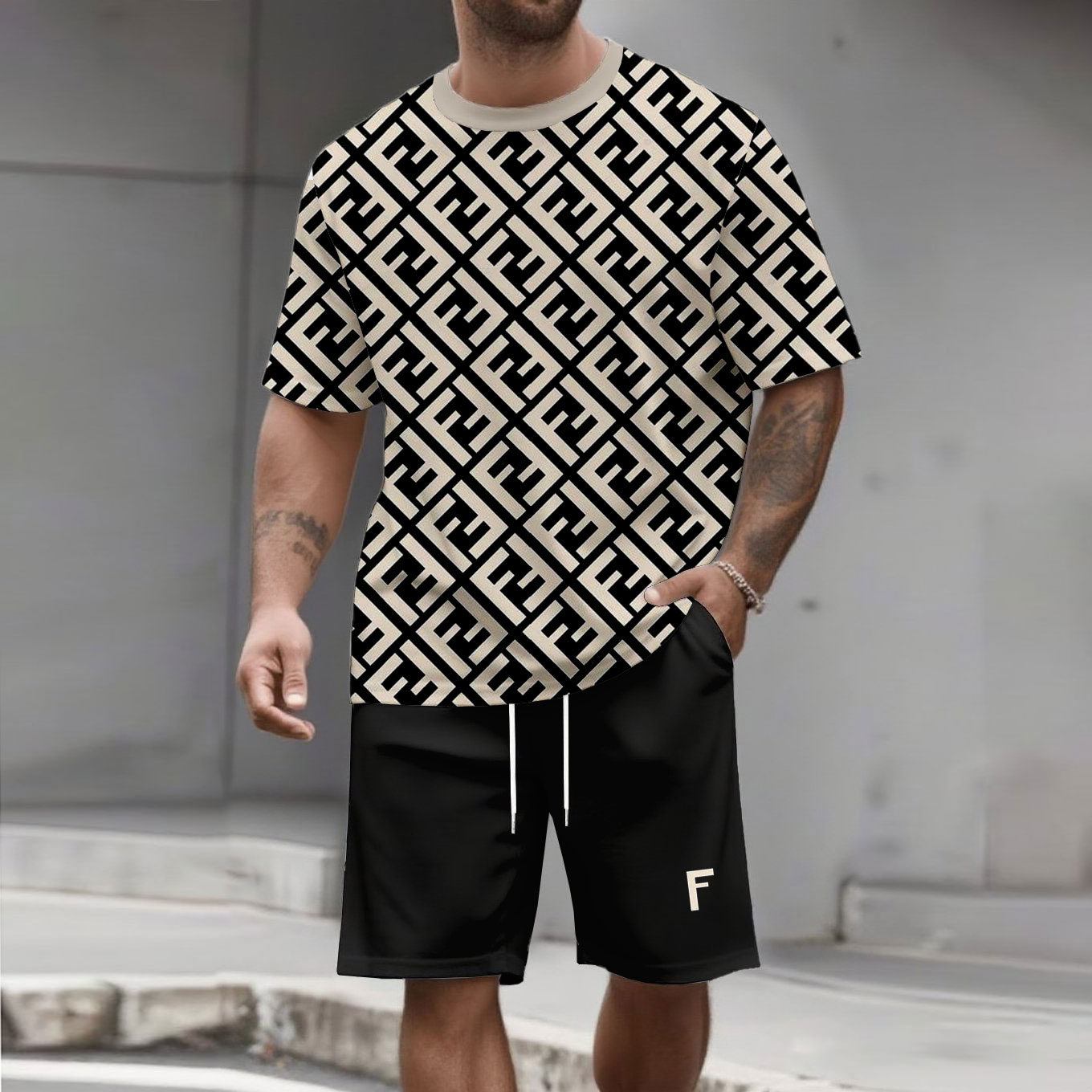Men's Fashion Casual Color Matching Printed Short-Sleeved Two-Piece Set