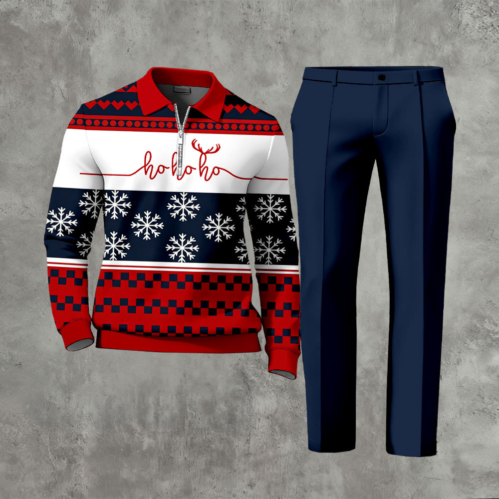 Men's Casual Navy Blue & Red Color Matching Christmas Printed Zipper L