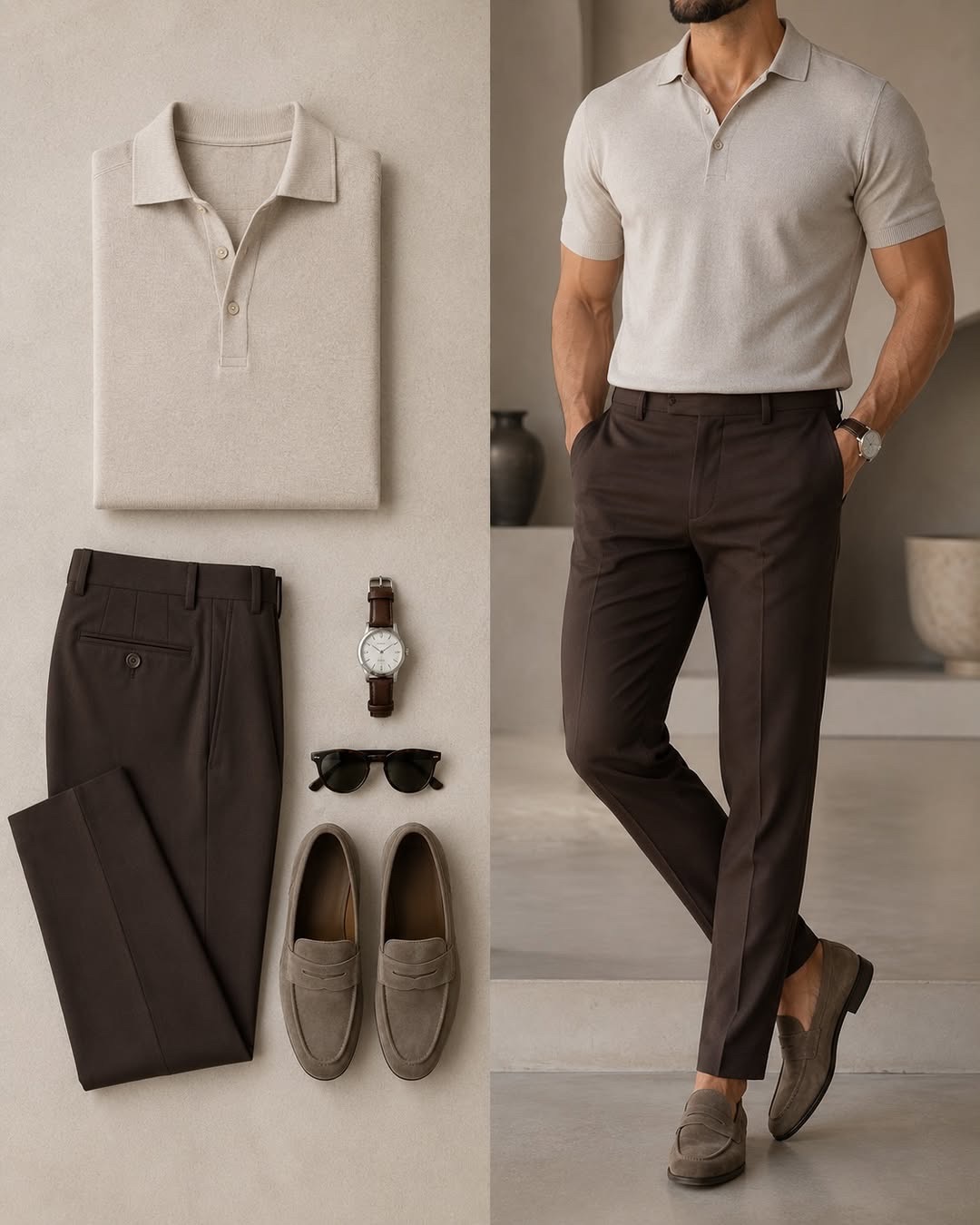 Men's Casual Beige Knit Polo Shirt & Dark Brown Pants Two-Piece Set