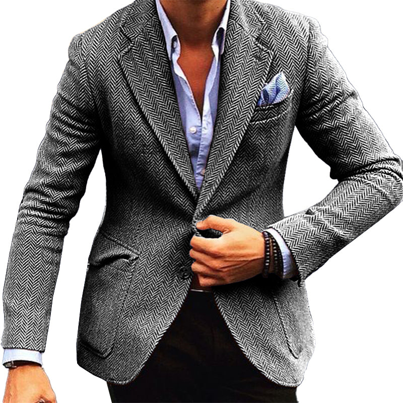 Men's Vintage Herringbone Wool Blend Lapel Single Breasted Blazer