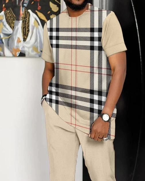 Suitmens Men's Plaid Print Short Sleeve Sports Walking Suit -237