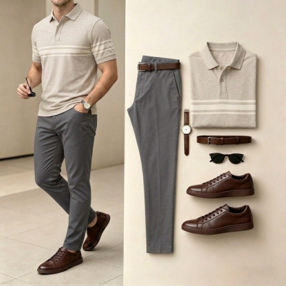 Men's Khaki & White Color Matching Striped Printed Short Sleeved Polo Shirt & Pants Two-Piece Set