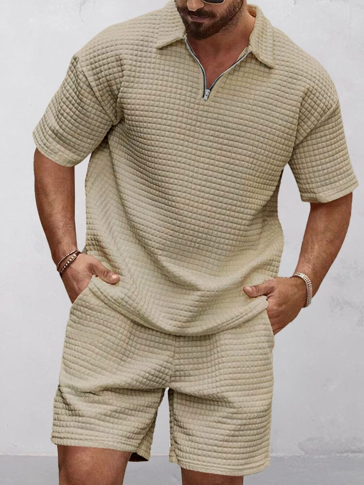 Men's Casual Art Print Waffle Texture Summer Polo Set 078