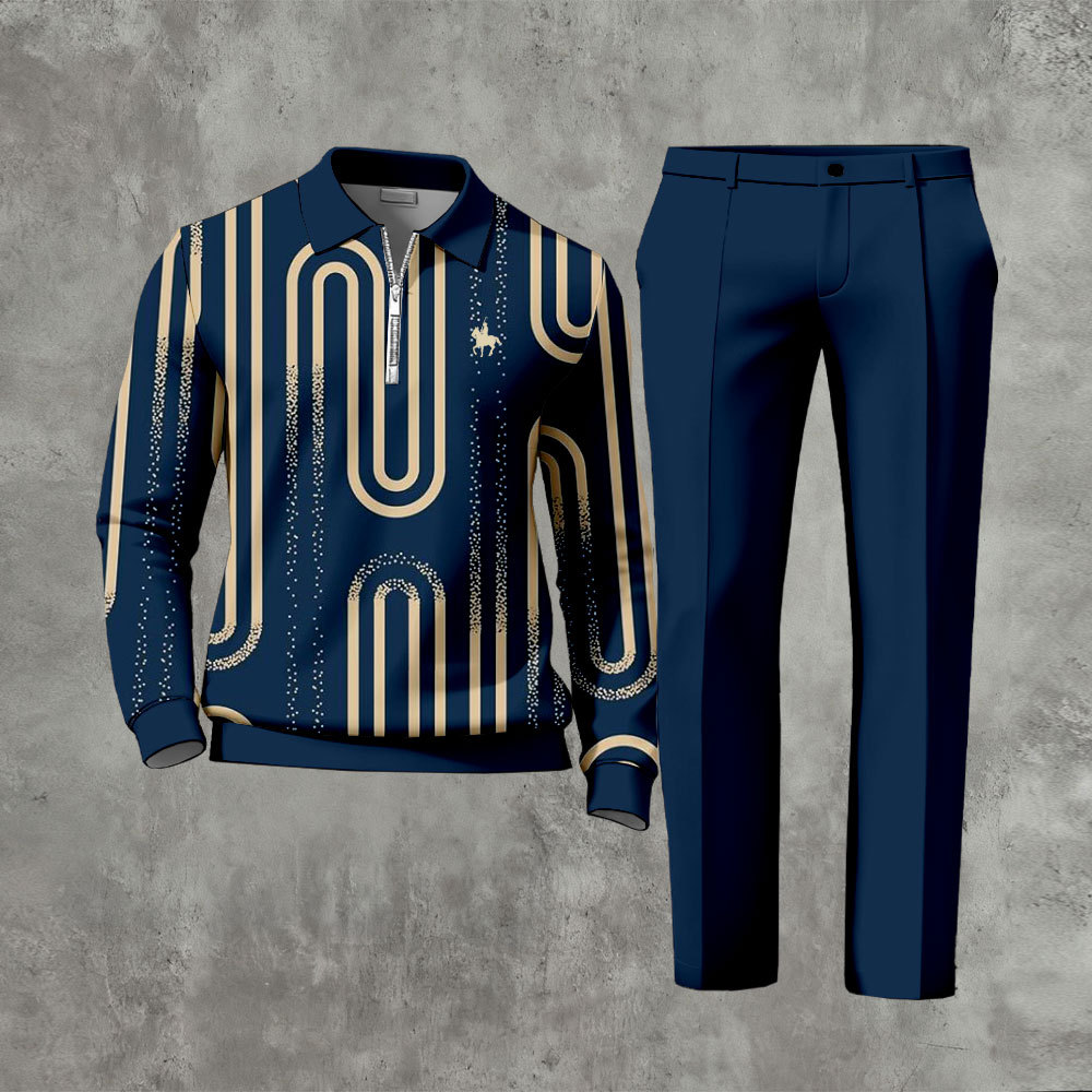 Men's Casual Navy Blue Color Matching Printed Zipper Long Sleeved Polo