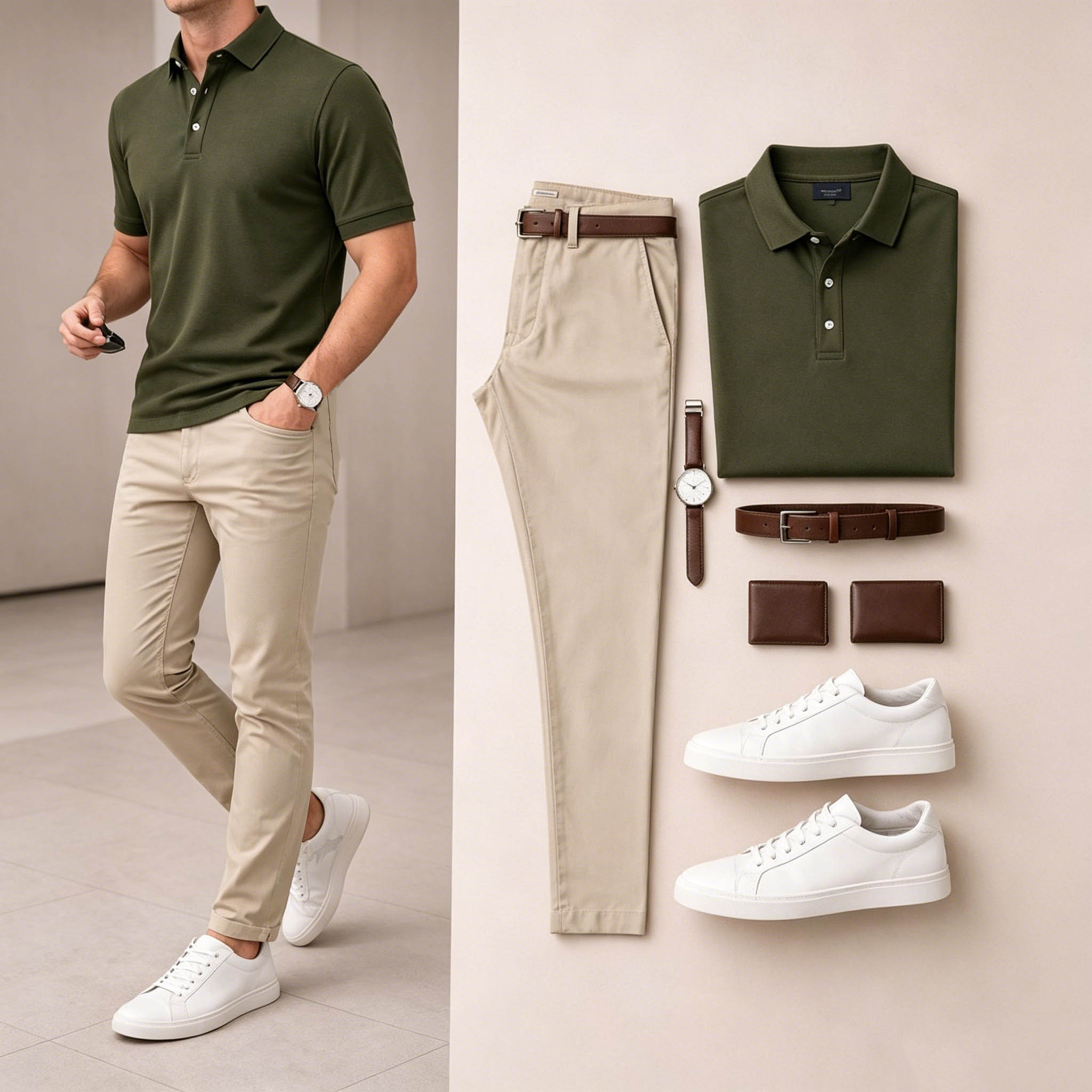 Men's Casual Army Green & Khaki Solid Polo Shirt And Pants Two-Piece Set