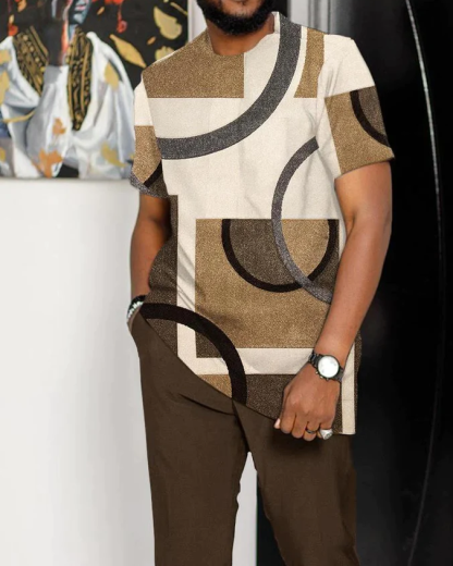 Brown color block print casual short-sleeved two-piece suit