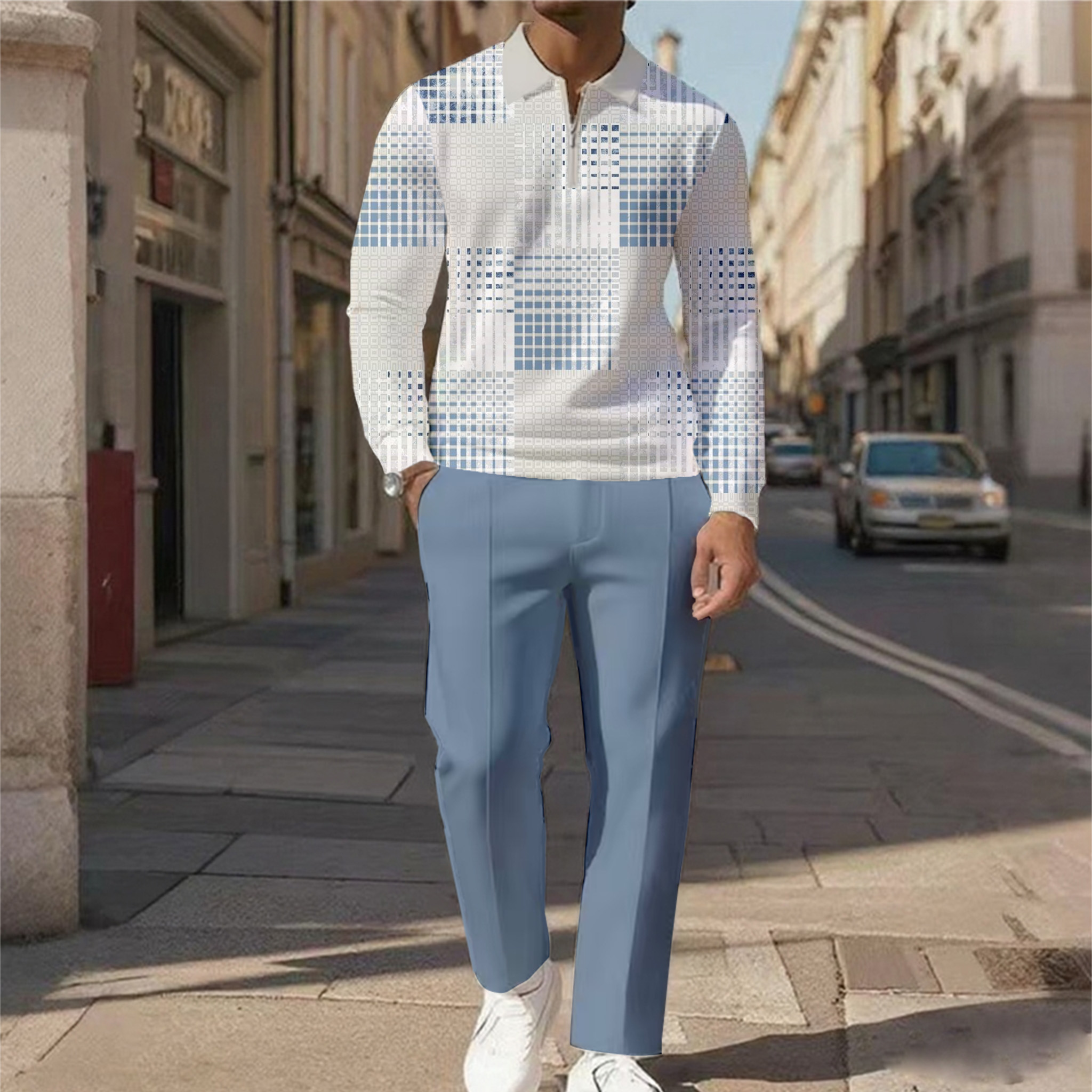 Men's Casual Color Matching Printed Polo-Collar Zipper Long Sleeved Trousers Two-Piece Set 1031