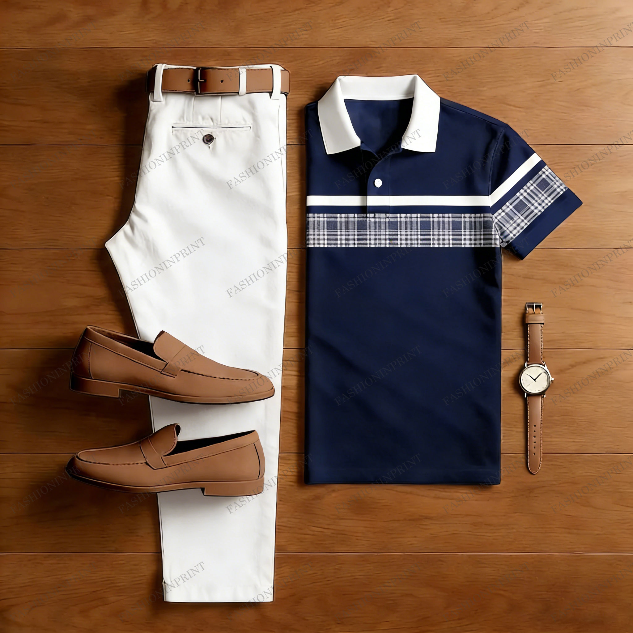 Men's Casual Navy Blue & White Color Matching Checkered Printed Short Sleeved Polo Shirt & Trousers Two-Piece Set