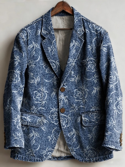 Vintage Retro Denim Blue Floral Blazer