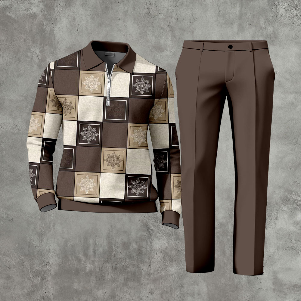 Men's Casual Coffee Color Matching Vintage Flower Printed Polo-Collar Zipper Long Sleeved Trousers Two-Piece Set