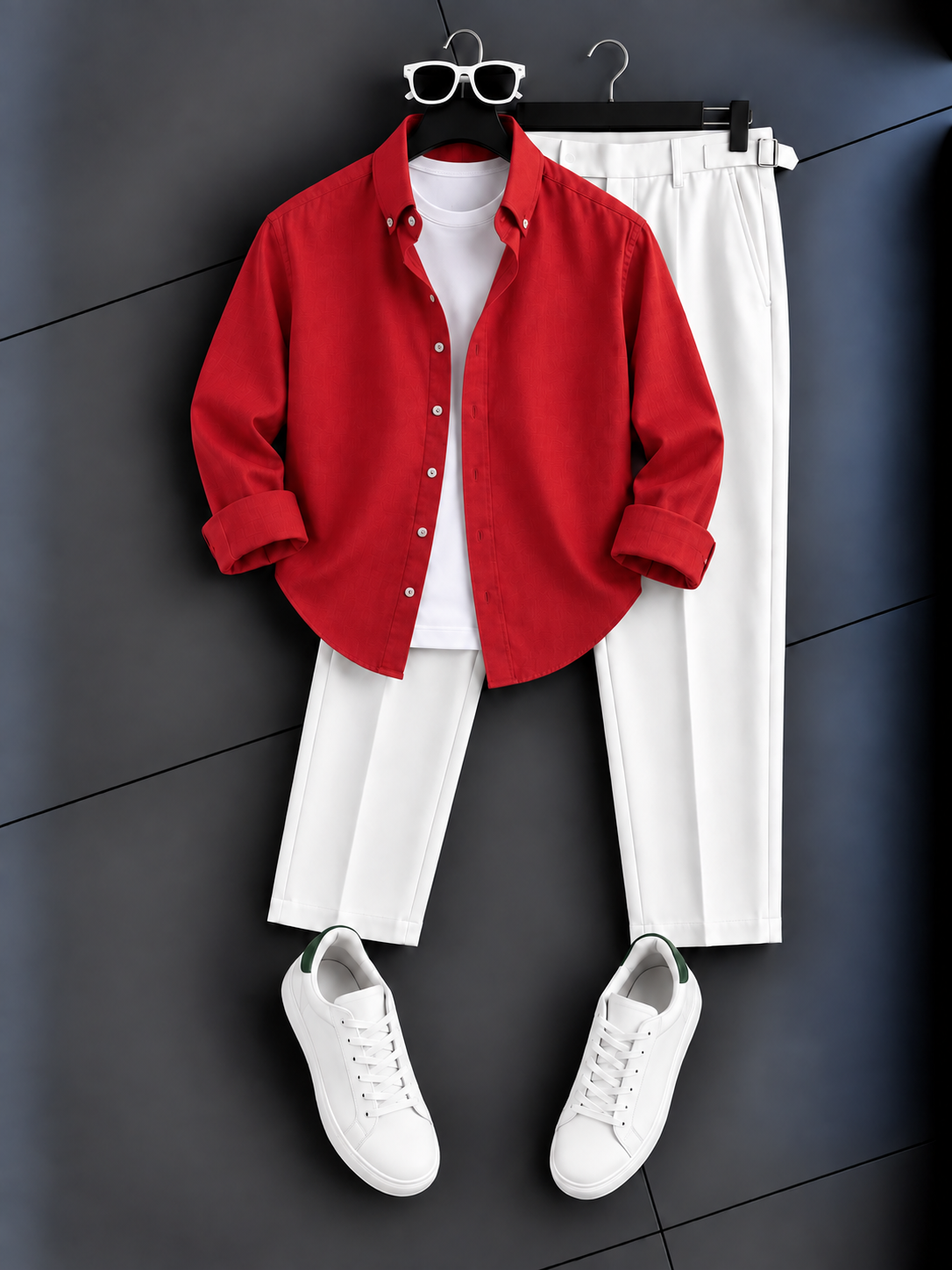 Men's Casual Aqua Blue Button-Up Shirt & White Chino Pants Two-Piece Set