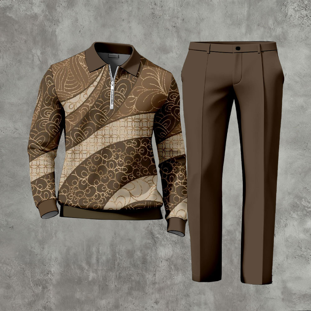 Men's Casual Color Matching Printed Polo-Collar Zipper Long Sleeved Tr