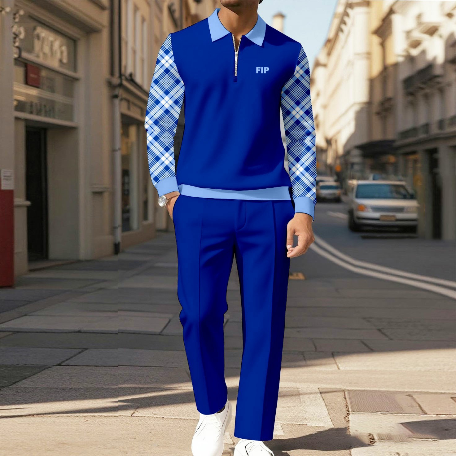 Men's Casual Royal Color Matching Checked Printed Polo-Collar Zipper L