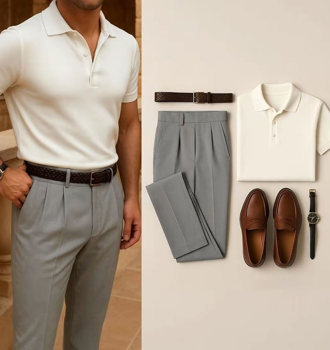 Men's Casual Burgundy Solid Color Short-Sleeve Polo Shirt & White Pants Two-Piece Set