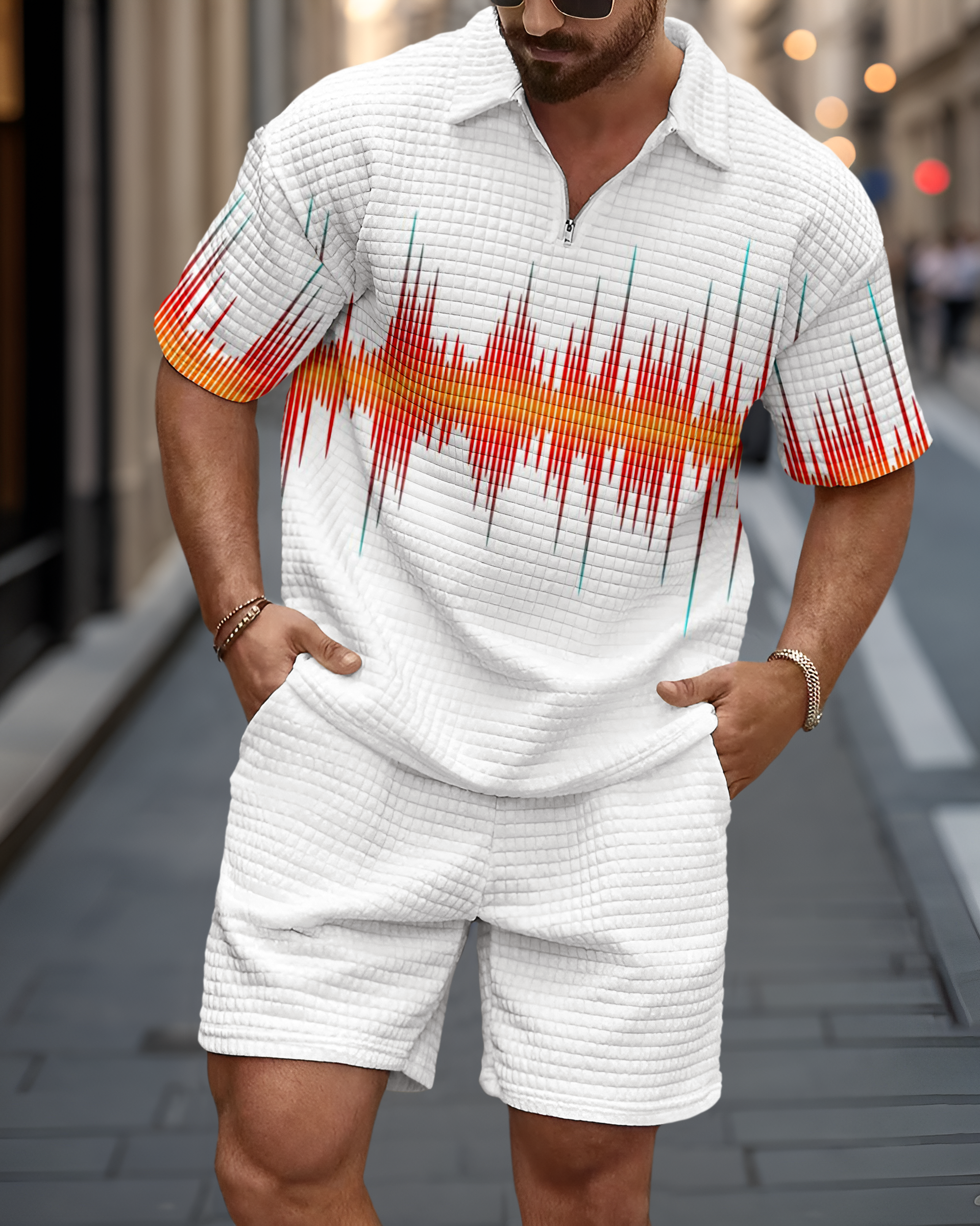 Men's Casual Art Print Waffle Texture Summer Polo Set