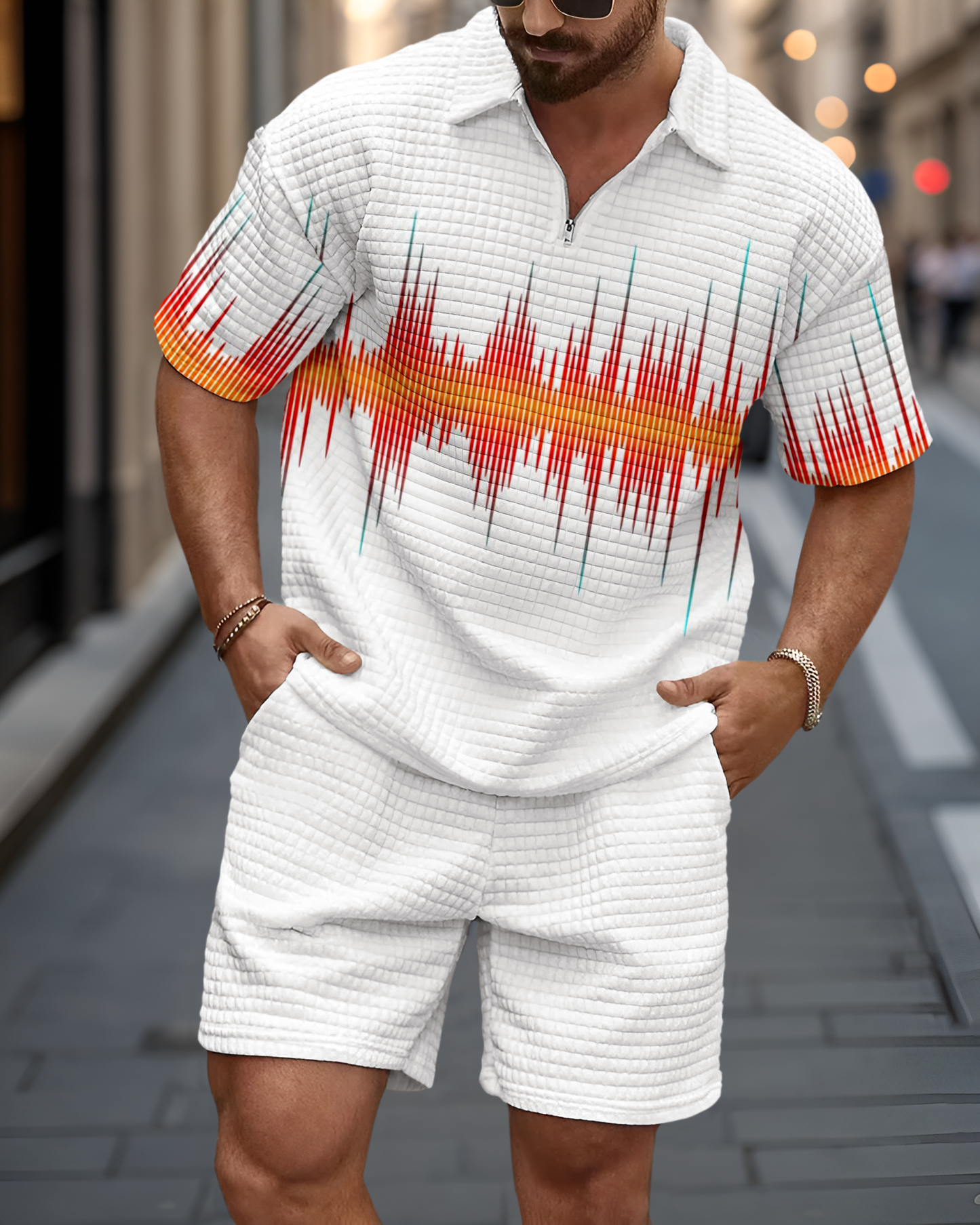 Men's Casual Art Print Waffle Texture Summer Polo Set